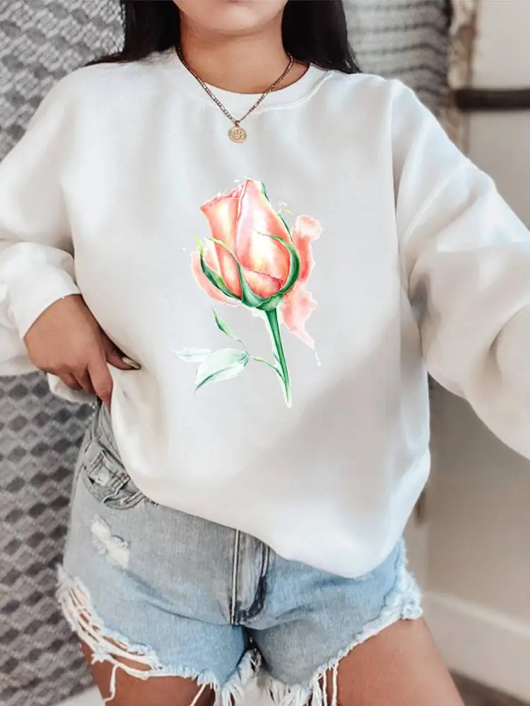 

Watercolor Flower Women Graphic Sweatshirts Fleece Fashion Clothing 90s Sweet Trend Spring Autumn Winter Female Print Pullovers