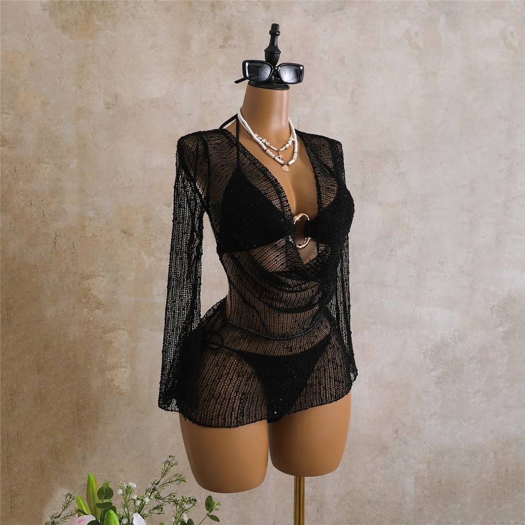 Sexy Neckholder-Bikini, Damen-Badeanzug, dreiteiliges Bikini-Set mit langärmeligem Kleid, Badeanzug, Badebekleidung, Schwimmanzug V7925C – Detail 34