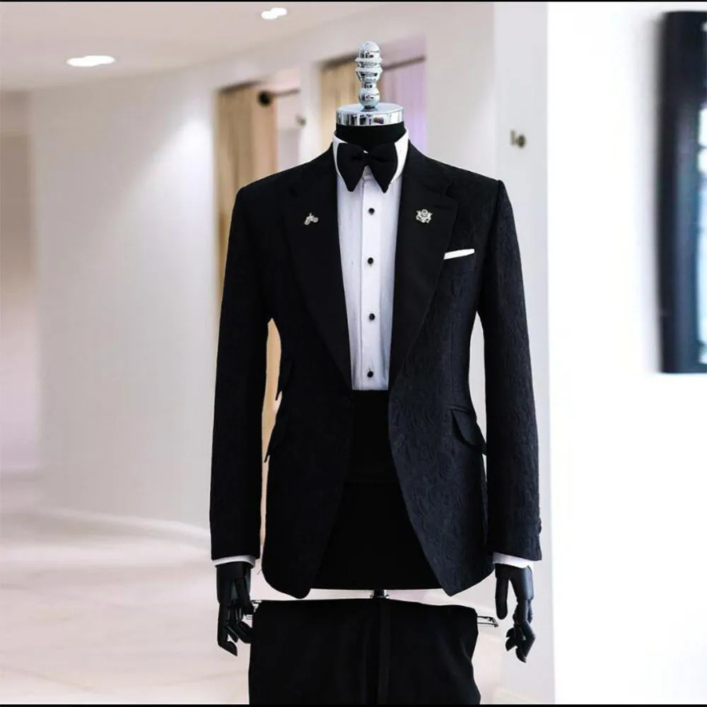 

Classic Groom Wedding Suits For Men Slim Fit Floral Jacquard Jacket With Pants Man Fashion Business Office Wear Prom Blazers Set