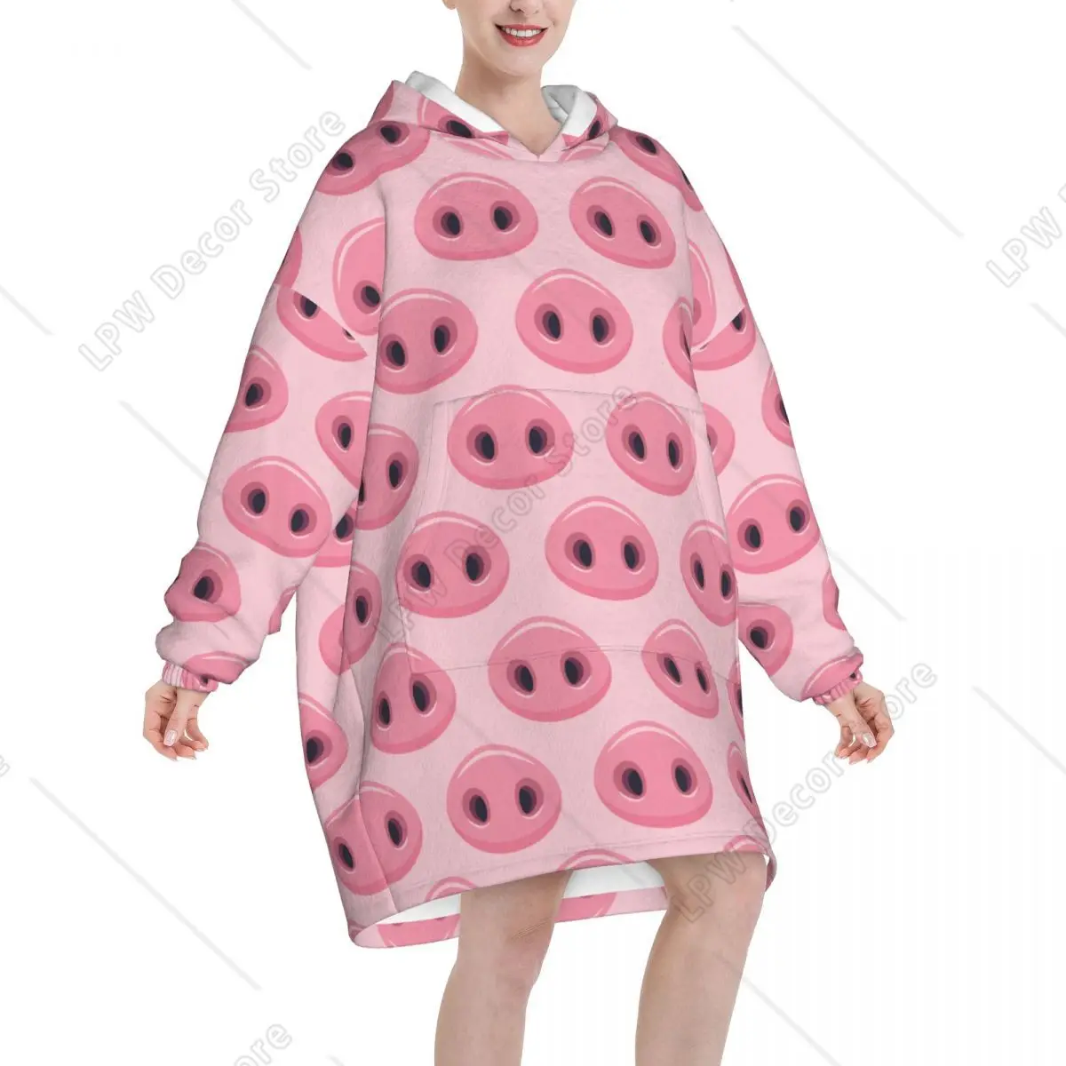 Kawaii Pigs Noses Wearable Blanket Hoodie for Women Men Cute Pink Pig Oversized Sweatshirt Blanket with Pocket