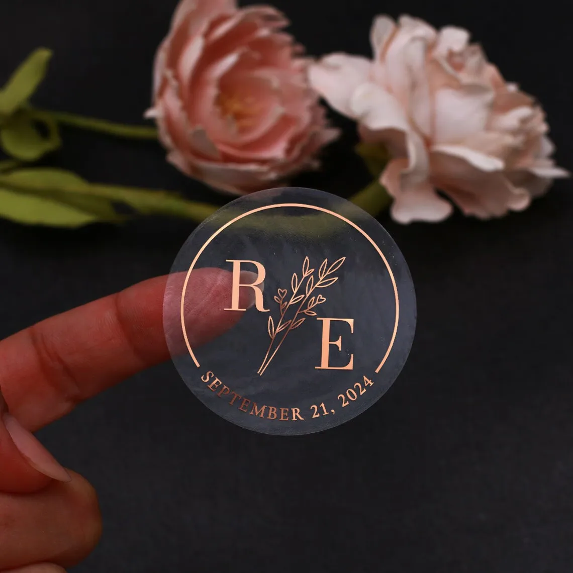 

Clear Botanical Wedding Stickers, Personalized Foil Envelope Seals, Monogram Gold Foil Wedding Favor Labels