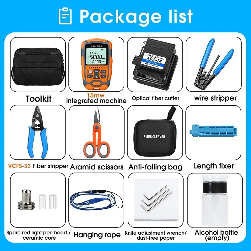 FTTH Fiber Optic Tool Kit AUA-7S Fiber Cleaver -50~+26dBm AUA-M50 4 in 1 Mini Optical Power Meter with 15mw Visual Fault Locator