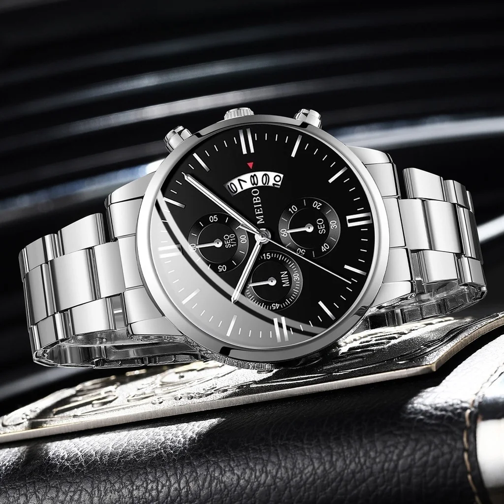 男性用ステンレススチールクォーツ時計,ジュエリーセット,ラウンドダイヤルストラップ,カレンダー,ビジネス,カジュアルスタイル,ファッション,1セットあたり4個