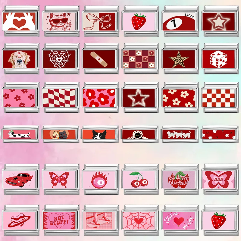 

Y2K Red Pink Series Heart Flowers Cherry Butterfly Long Italian Charm Links Fit 9mm Stainless Steel Bracelet DIY Making Jewelry