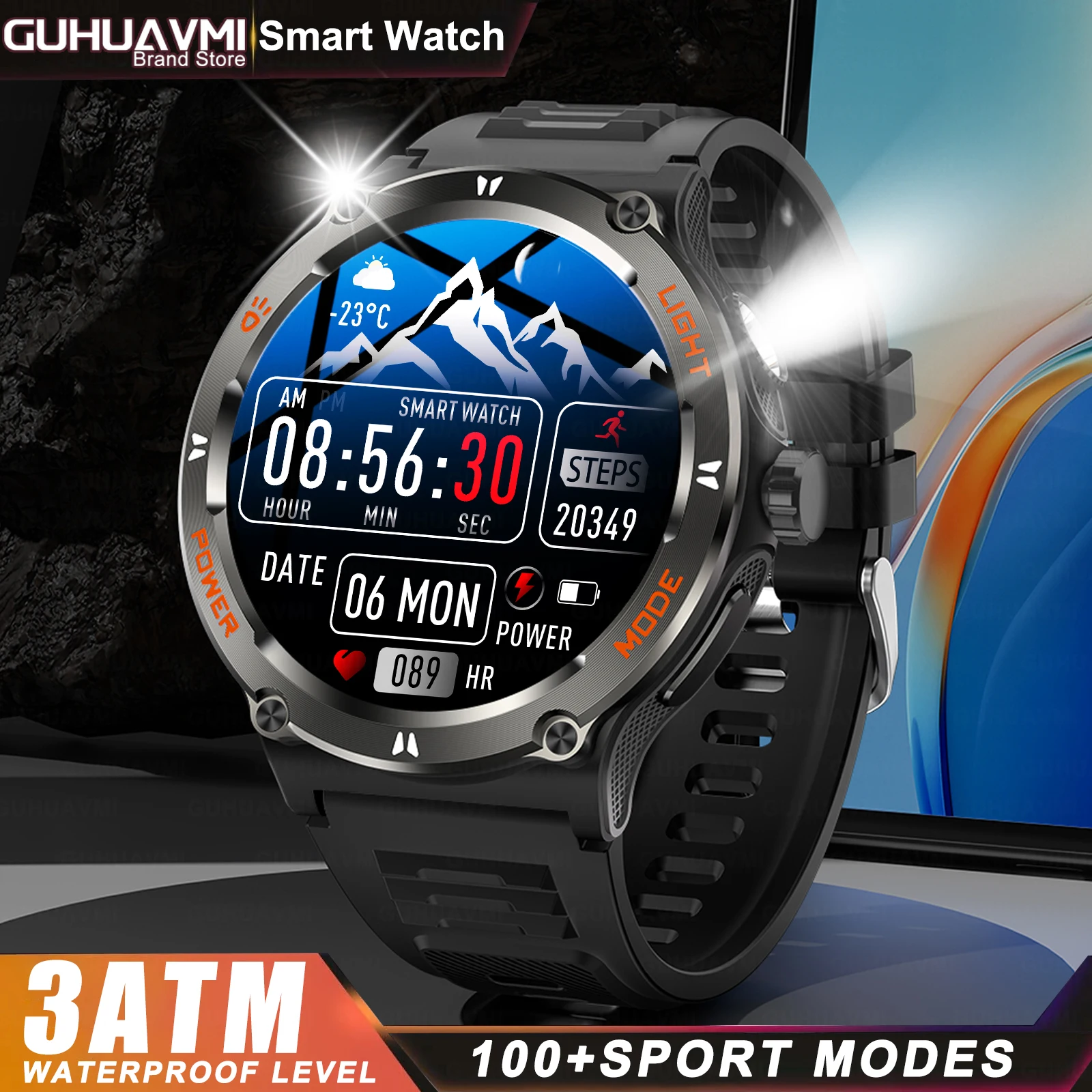 2024New Outdoor Military Smart Watch Men LED light AMOLED HD Screen Heart Rate Compass Bluetooth Call 3ATM Waterproof Smartwatch