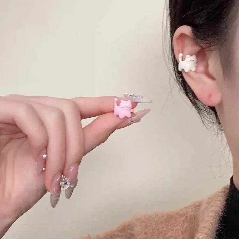 رائعتين أسود بيج وردي القط الأذن الكفة ثلاثية الأبعاد سبيكة كليب على القرط Kawaii الكرتون مجوهرات هدية لطيف النساء الفتيات الأذن اكسسوارات