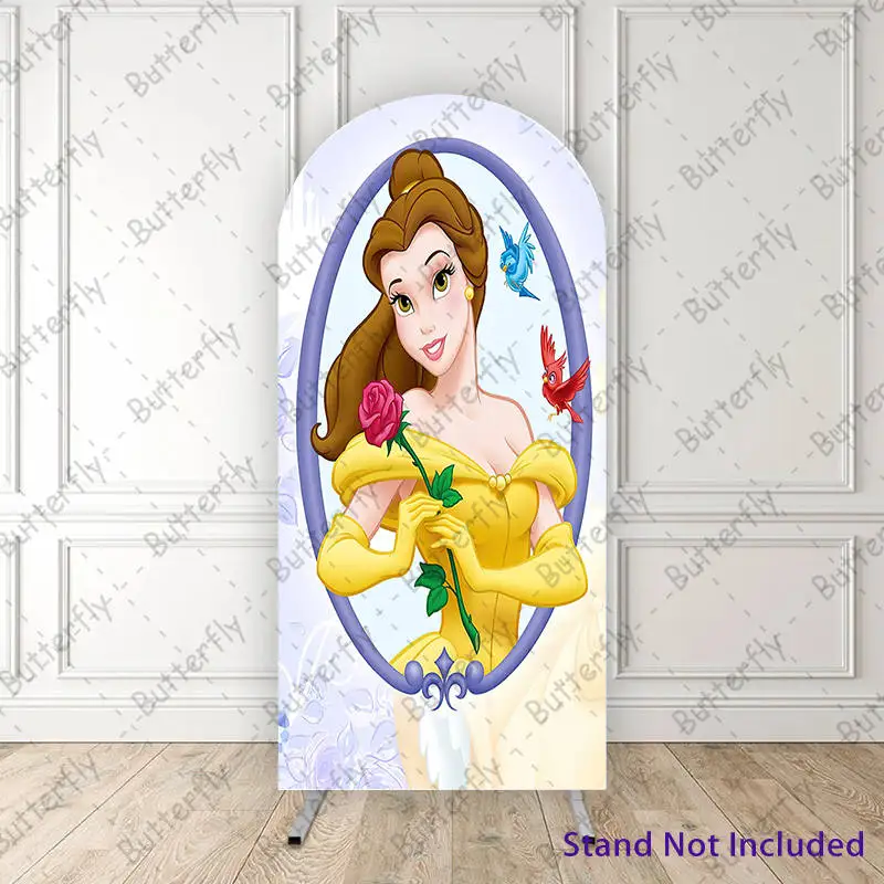 Disney Cartoon Belle Princess Yellow Dress Beauty And The Beast Arch Backdrop Cover Girls Birthday Party Background Decoration