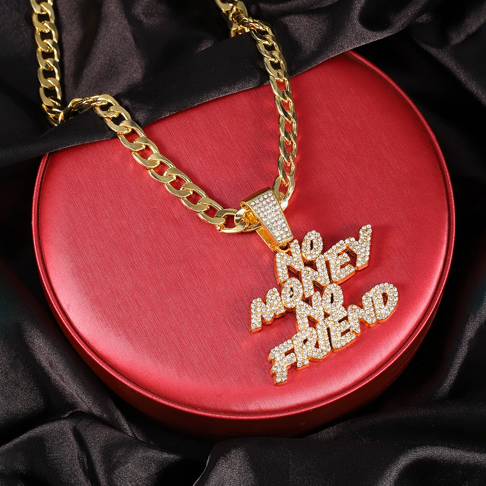 Men Women Hip Hop NO Money No Friend Pendant Necklace Cuban Chain HipHop Iced Out Bling Necklaces Fashion Jewelry