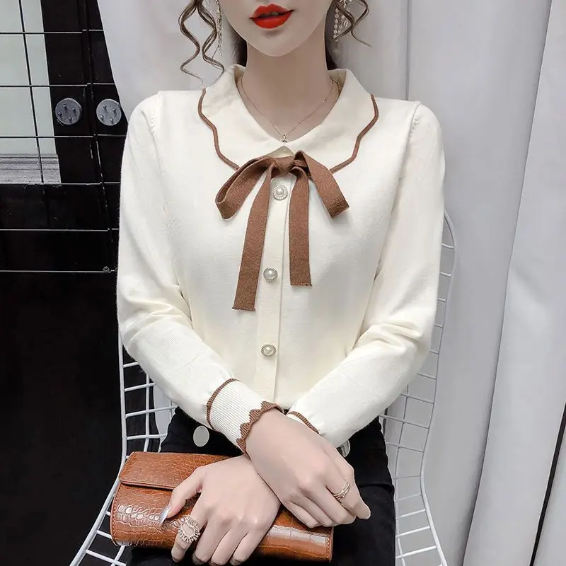 Spring Autumn Bow Patchwork Elegant Sweaters Long Sleeve All-match Youth Knitting Pullovers Top Korean Fashion Women Clothing
