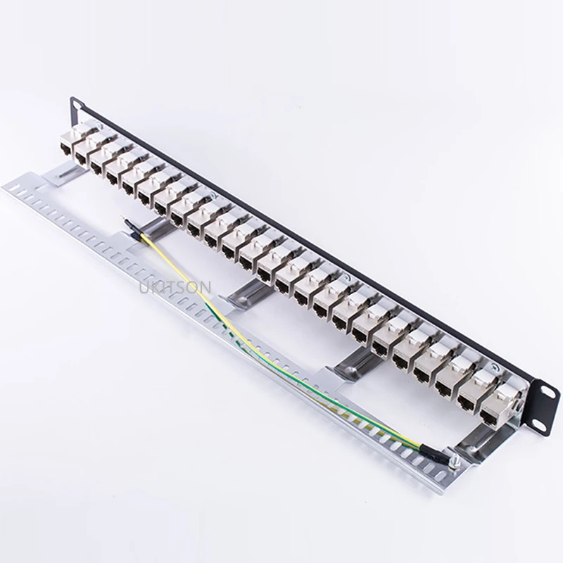 Patch Panel 24 Ports Shield CAT6A RJ45 Keystone 10G Support Pass-Thru Coupler Plug UTP 19-Inch Network LAN Rack-Mount Frame