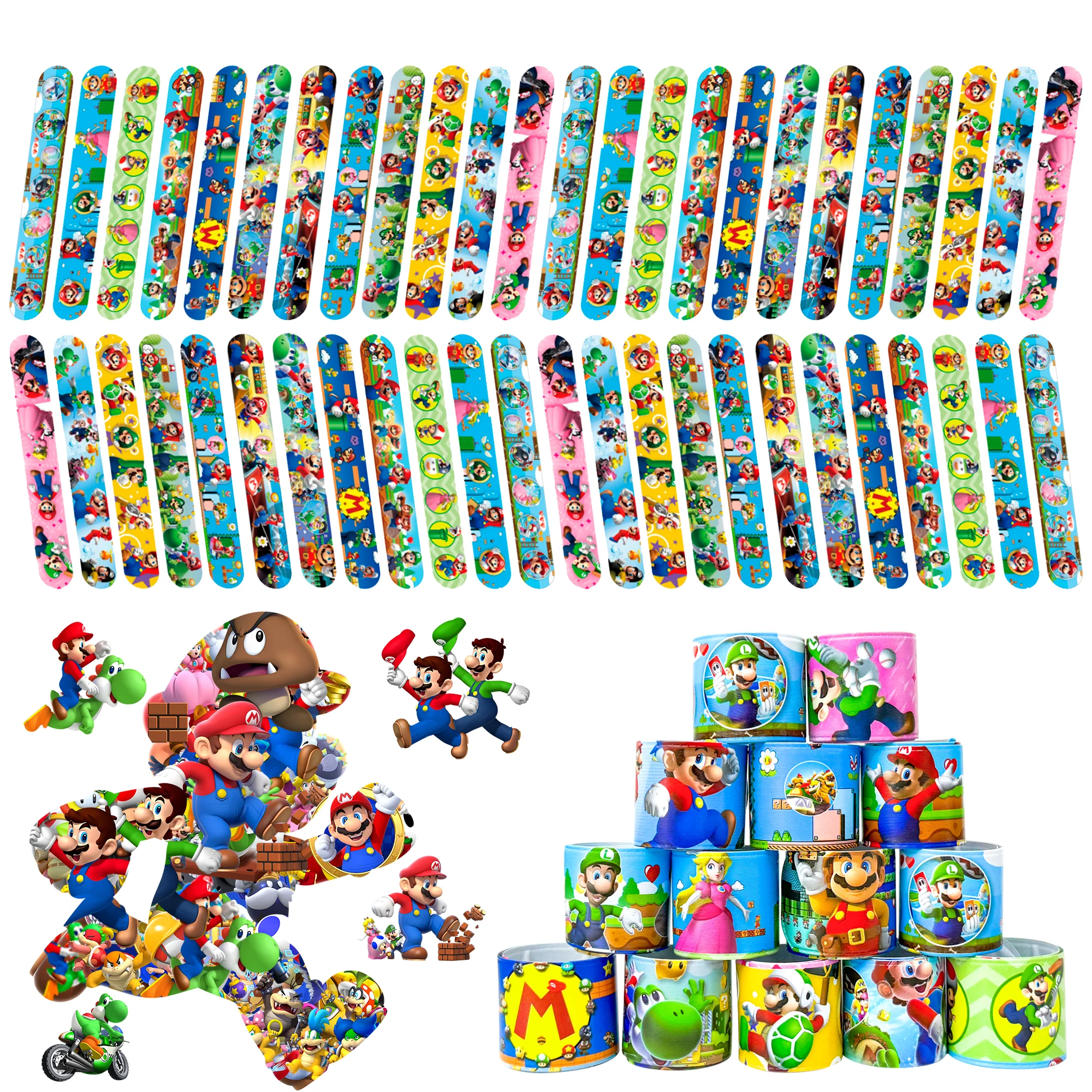 Super Mario Slap-Armbänder, 40 Stück Super Mario-Armbänder + 50 Stück Super Mario-Aufkleber für Kinder Super Mario-Geburtstagsparty-Geschenke