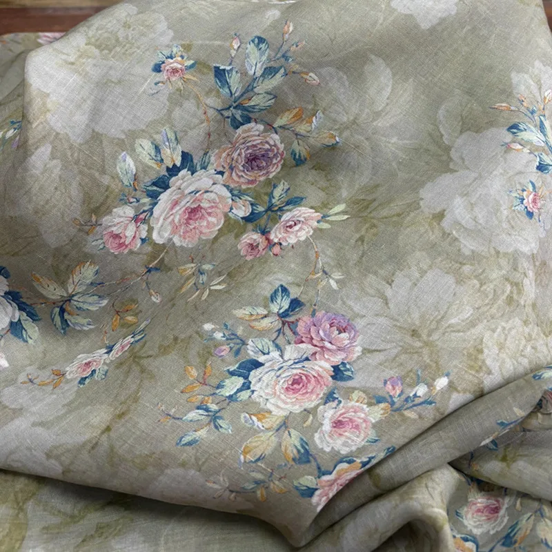 1yard High quality ramie fabric peony printing telas High end dress cheongsam fabrics for material