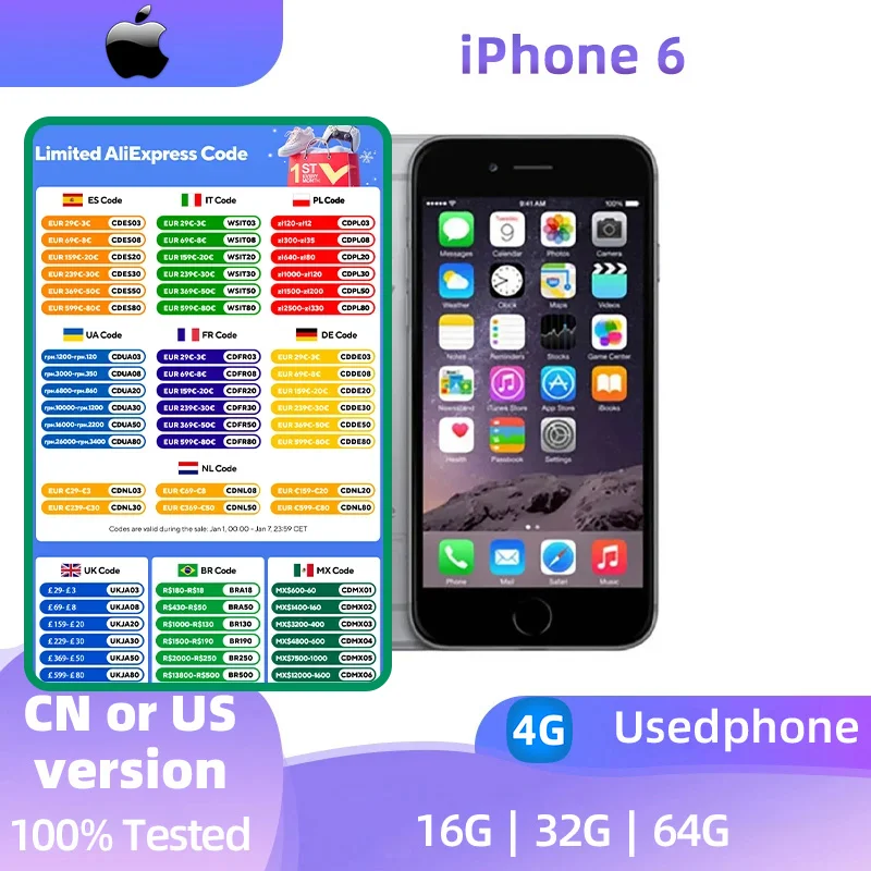 Apple iPhone 6 Unlocked Dual Core 4.7 inch IOS 16/64/128GB ROM 1.4GHz 8MP 3G 4G LTE Used Fingerprint Mobile Cell Phone