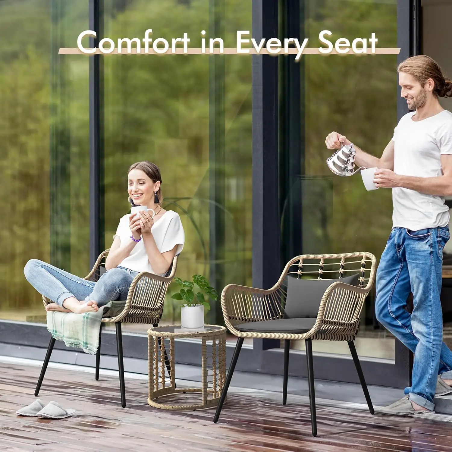 3 Piece Patio Bistro Set, Wicker Outdoor Patio Set with Enhanced Comfort Seating, Round Glass Top Coffee Side Table, Patio Ratta