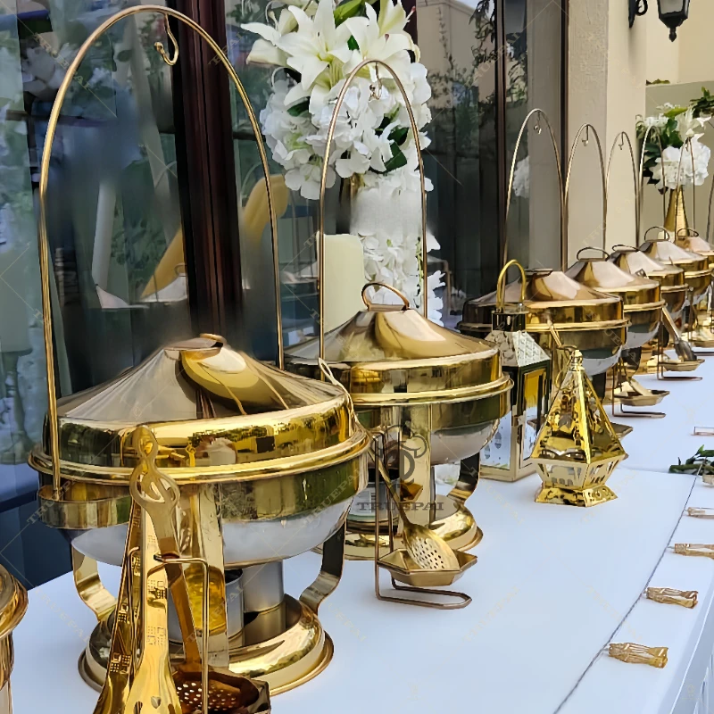 

high-quality buffet equipment food display stand stainless steel luxury gold and silver hot pot with cover bracket