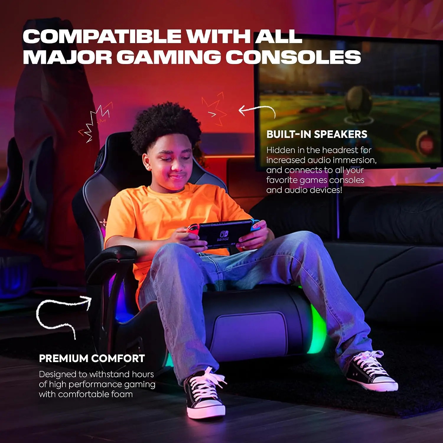 Video Gaming Floor Rocker Chair, Built-in Audio, College Dorm Essentials for Guys and Girls, Bedroom, Foldable, Gifts for Gamers view 4