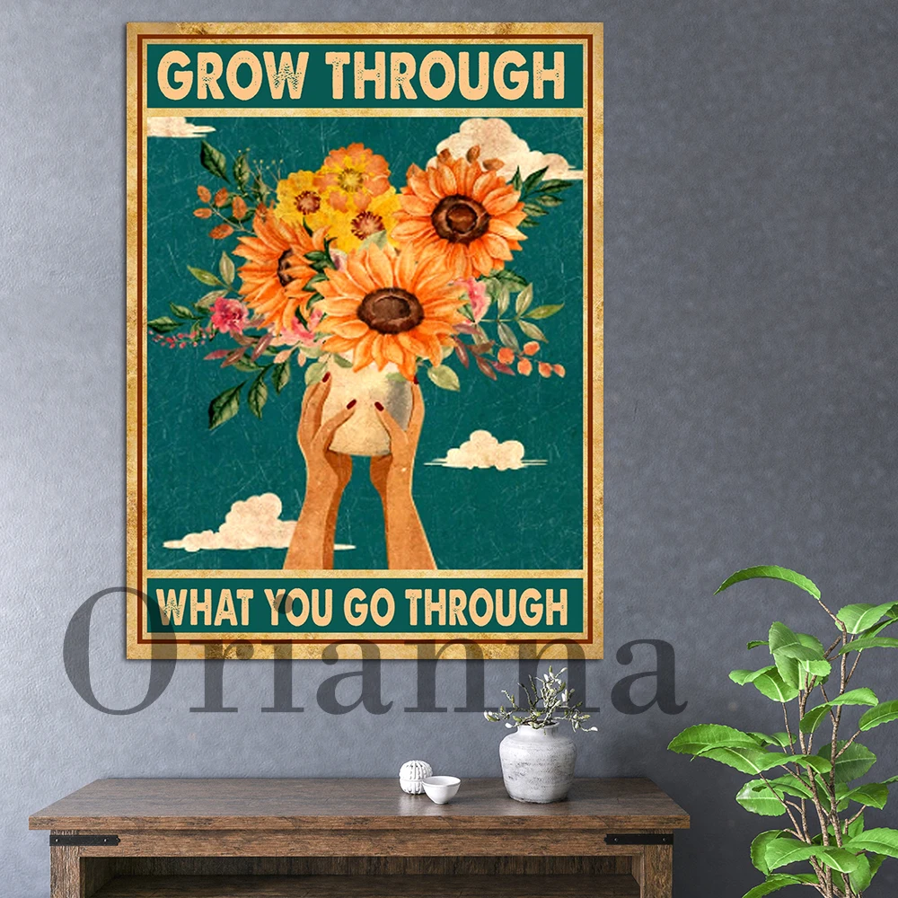 Sunflower Grow Through What You Go Through Canvas Poster Women Mental Health Awareness Poster Mental Health Matters Retro Poster