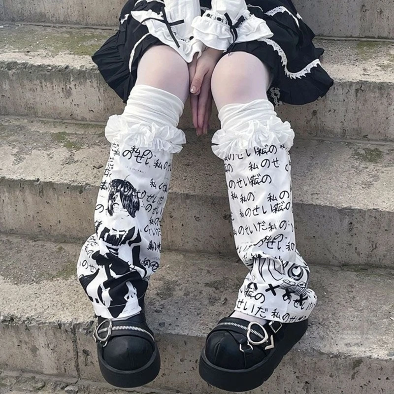 

Harajuku Elastic Ruffle Trim Flared Loose Leg Warmer for Women Aesthetic Punk Japanese Anime Letter Print Leg Cover Sock