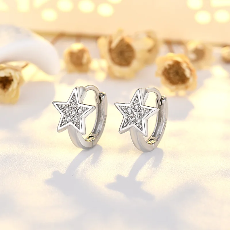 925 Silver Plated Crystal Star Hoop Earrings Wedding Party Elegant Accessories for Women Jewelry Gift eh215