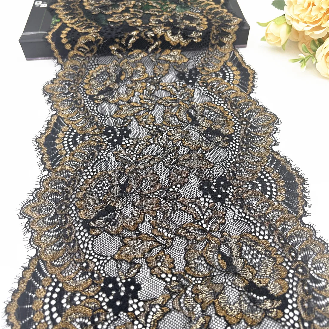3y/lot W23cm Black Gold Elastic Lace Eyelash Trim For Wedding Clothes Skirt Hem Underwear Sewing Craft DIY Apparel Fabric Lace