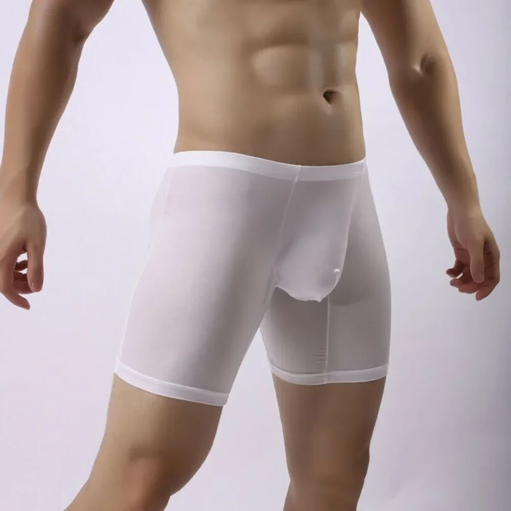 

Sexy Men's Leg Trunk Elastic Mesh Breathable Thin Underwear Transparent Boxers Slim Underpants Solid Color Running Sports Shorts