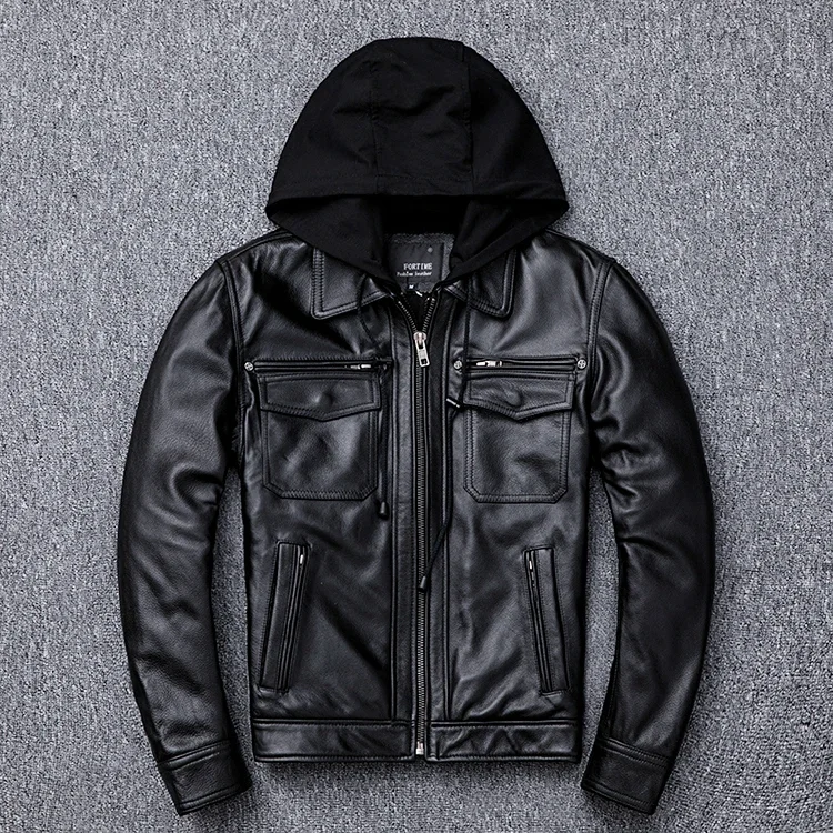 New top layer cowhide leather jacket men's slim lapel detachable hooded motorcycle jacket thick coat chamarras para hombre