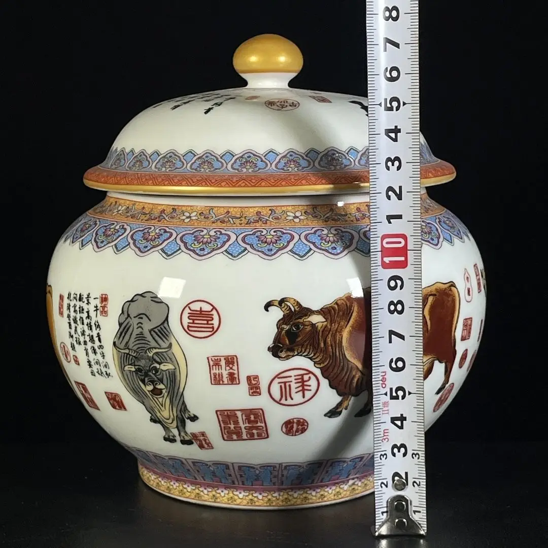 Wenwan Famille Rose Porcelain Covered Jar, Five Sacred Oxen Pattern Tea Storage Canister Antique Replica Decor