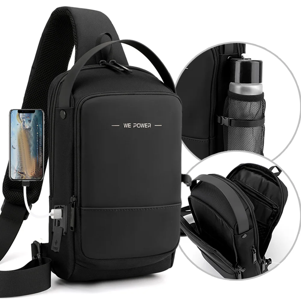 Mochila cruzada de nailon para hombre, bolso de hombro y pecho con puerto de carga USB, resistente al agua, para viaje