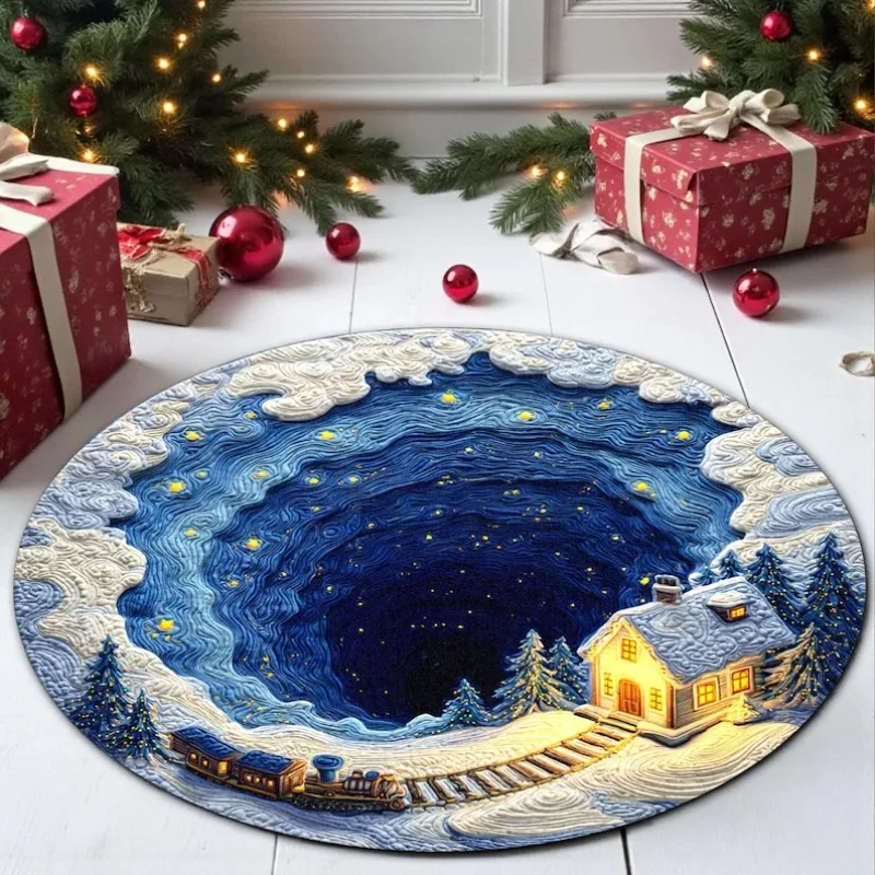 Christmas Blue Snow  Round Carpet – Anti-Slip Decorative Rug for Living Room, Holiday Party & Gift Idea