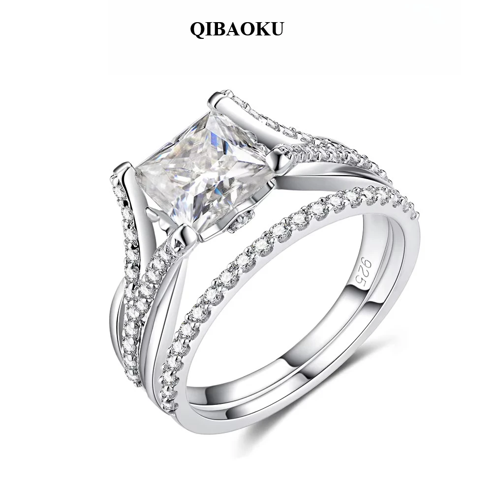 QIBAOKU Moissanite Band Rings Engagement Wedding 7MM Princess Moissanite D Color VVS 0.3CT for Woman Ring Set Gift 2026
