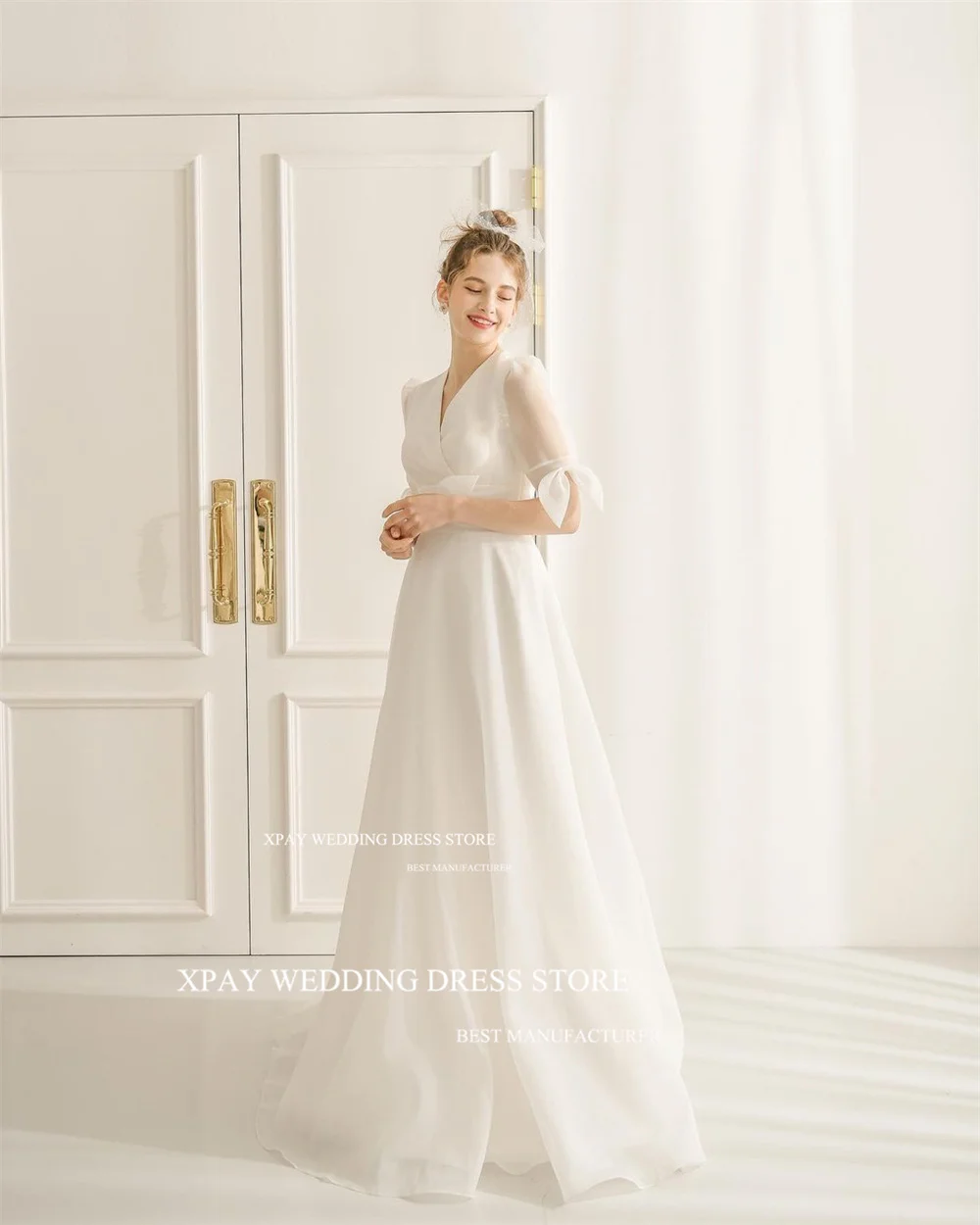 XPAY Simple V Neck Korea Wedding Dresses For Women Photos Shoot Half Sleeve Organza Bride Dress Corset Custom Size Bridal Gown