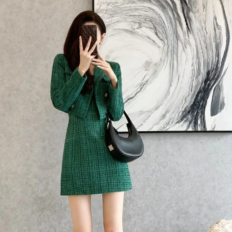 Insozkdg Fall Retro Tweed Suit Women Green Tweed Dress Elegant Double Breasted Tweed Jacket + Slim Fit Sling Plaid Dress 2023