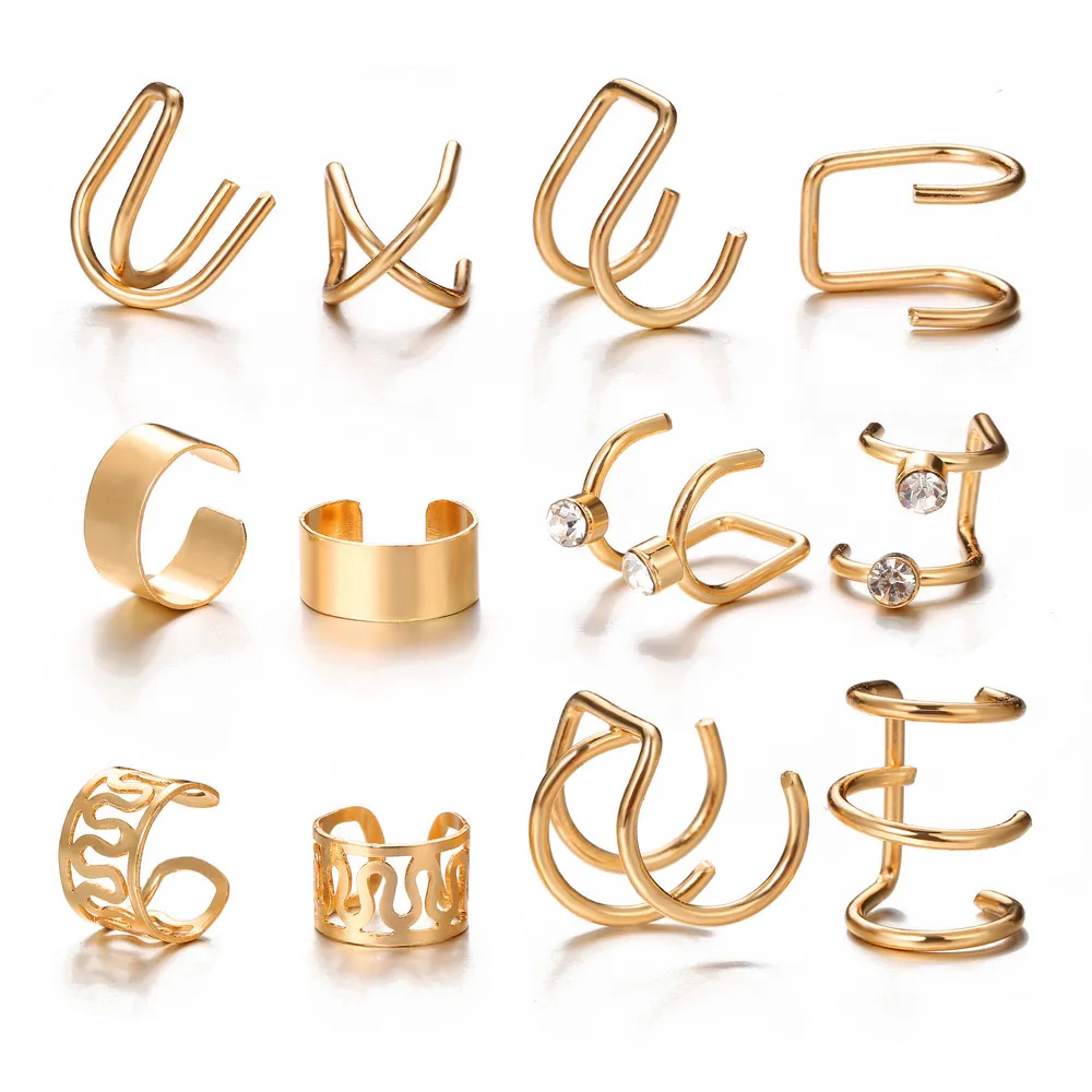 

12 pcs Fashion Ear Cuff Gold Color Non-Piercing Ear Clips Fake Cartilage Earring Jewelry For Women Men Wholesale gifts