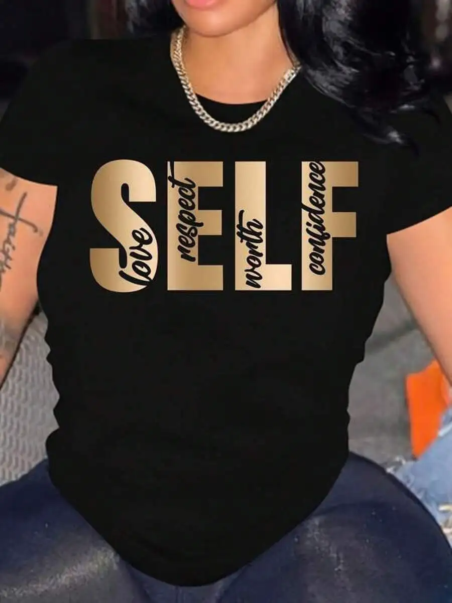

Womens Cotton T-Shirt With Gold Letter Self Print Round Neck Short Sleeve Casual Top