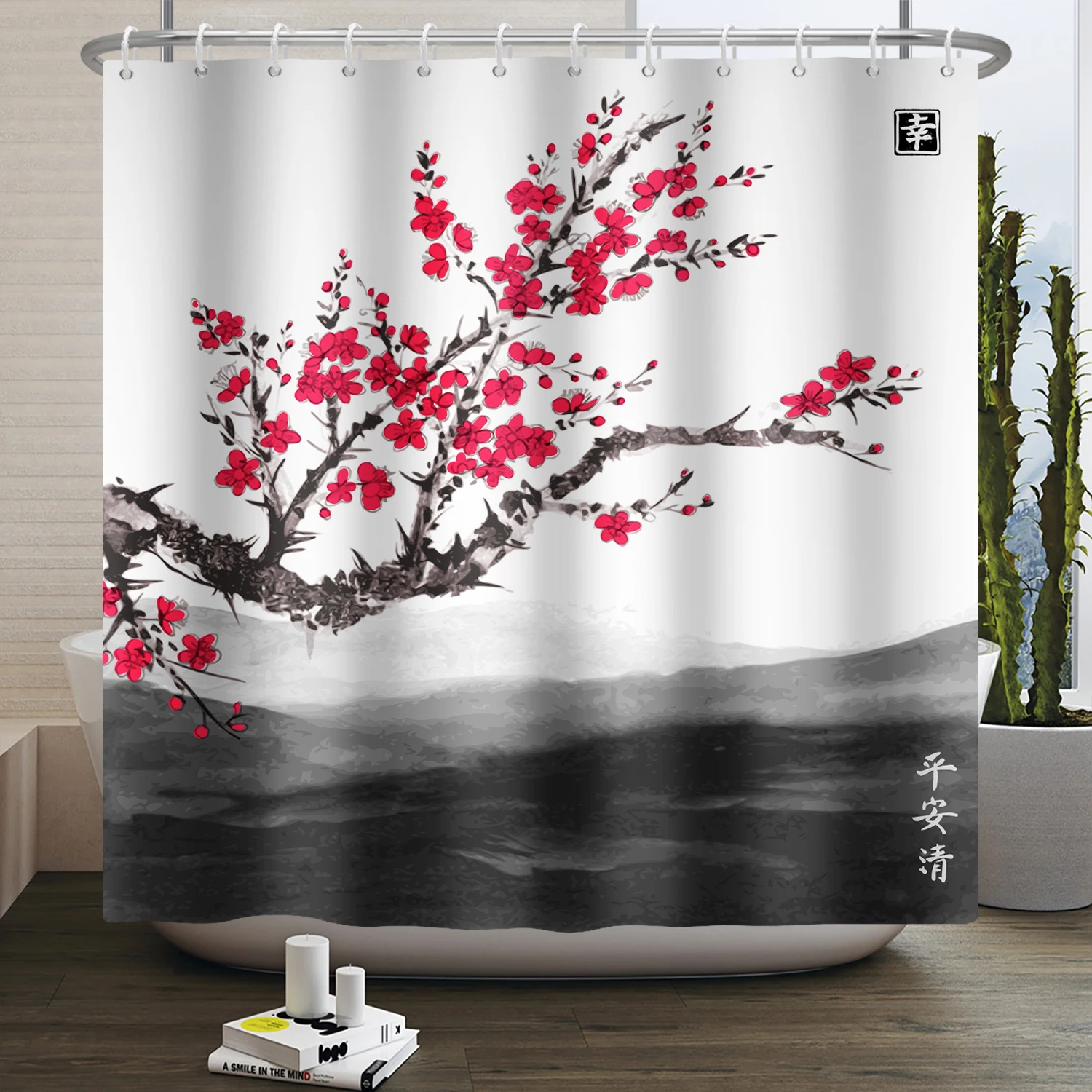 Japanese-style Sun Plum Blossom Shower Curtain Sunrise Landscape Tower Fabric Waterproof Polyester Shower Curtain Hooks Bathroom