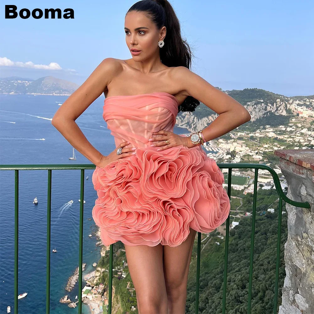 

Booma Pink Short Prom Dresses Strapless Pleat Flowers Cocktail Dresses Lace Up Celebrate Party Evening Gowns for Women 2023