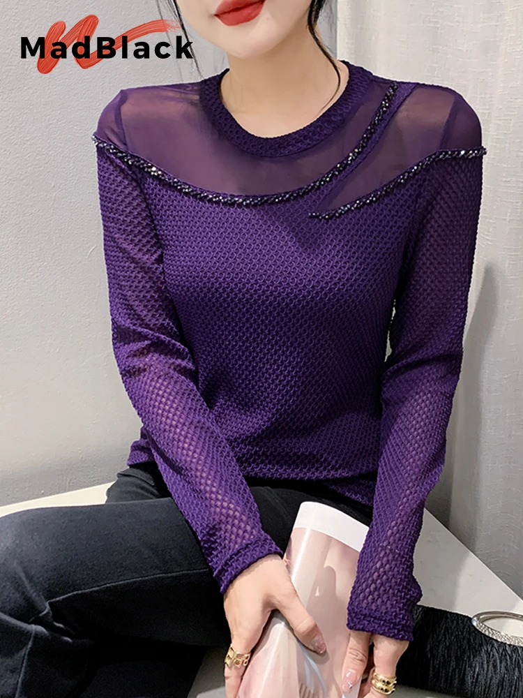 

MadBlack European Clothes Tshirt Women O Necks Beaded Mesh Patchwork Slim Top Long Sleeve Tees New Winter Autumn 2023 T38729JC