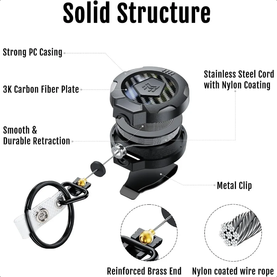 Gantungan Kunci Dapat Ditarik Tugas Berat Yang Ditingkatkan dengan Klip Sabuk 10 OZ Retraksi 31.5 Gantungan Kunci Kabel Baja Tahan Karat 3K Serat Karbon ID Ba