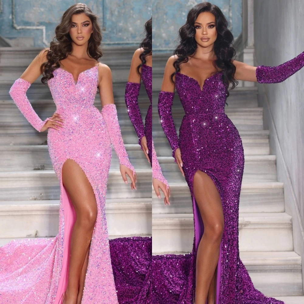 

Customized Mermaid Strapless Elegant Evening Dress and Sexy Side Slit Party Gowns Sparkly Detachable Sleeve Luxury Prom Dress