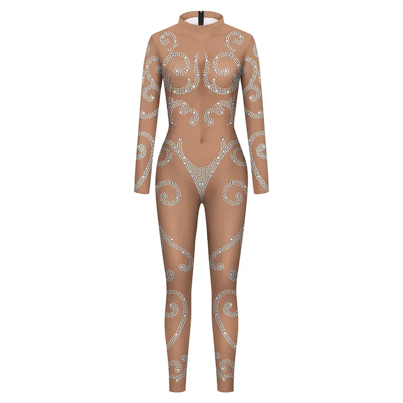 Zentai Sexy Women Colour Skin Diamond Pattern Slim Jumpsuit Cosplay 3D Printing Bodysuit Halloween Party Fancy Costume