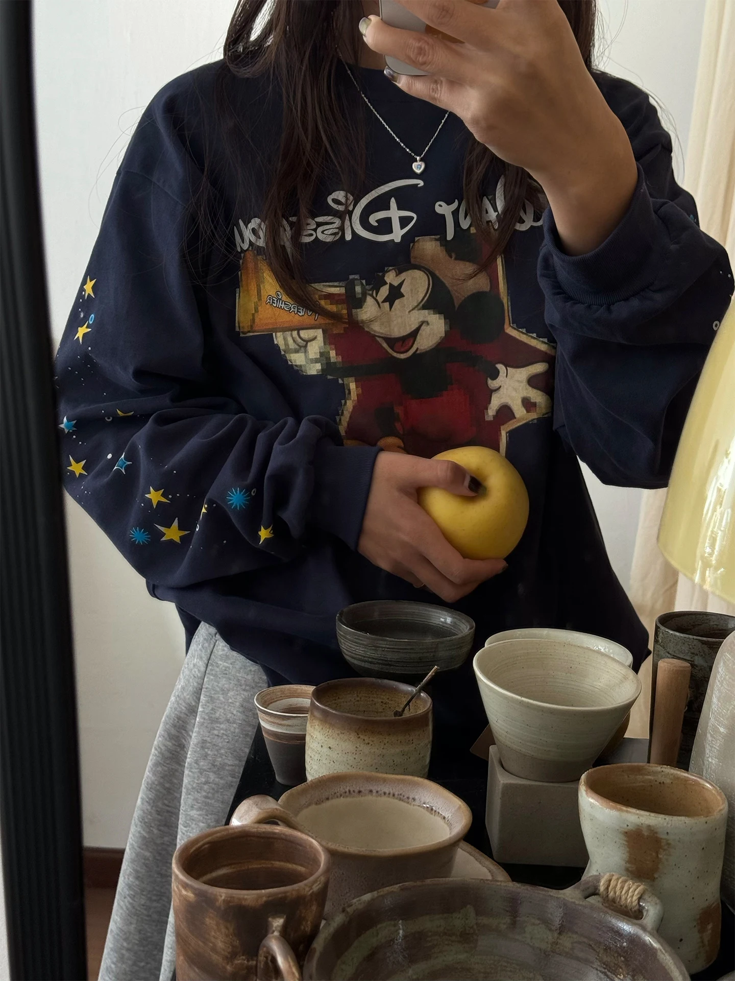 

Retro Cartoon Star Letter Print Long Sve T-irt ex Loose Casual round Ne Top Korean Sle Cotton Breathable Sweatirt