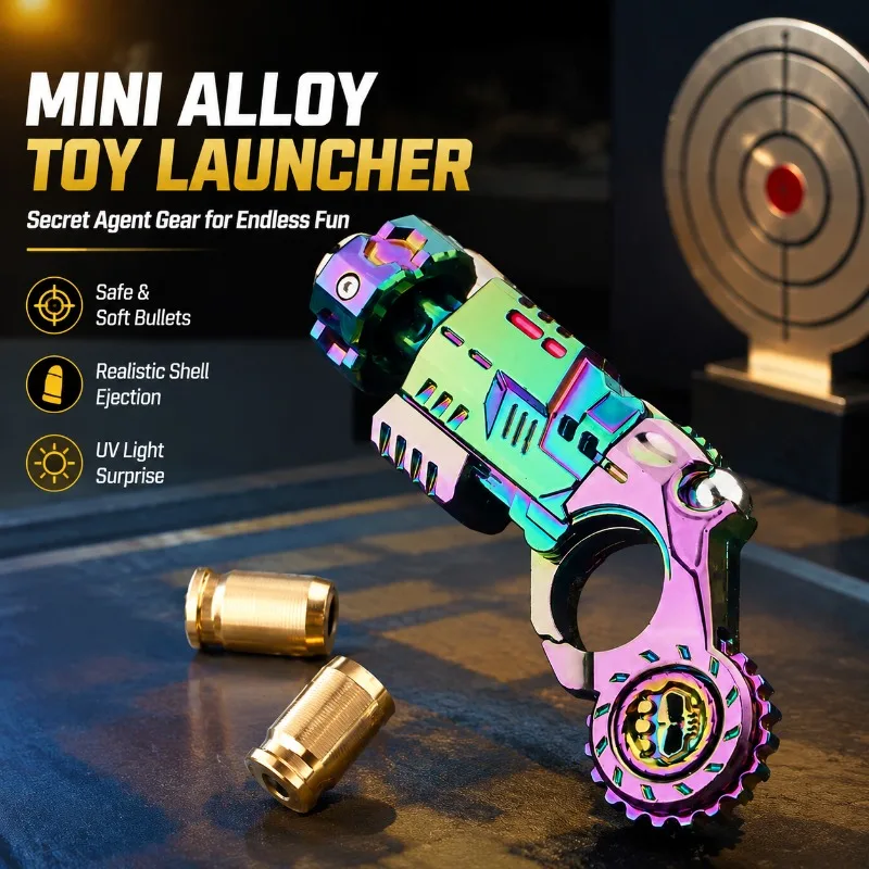 Toy Gun Mini Alloy Launcher Shell Ejecting Soft Bullets for Boys, Goldsmith Secret Agent Gun with Metal Target & UV Light