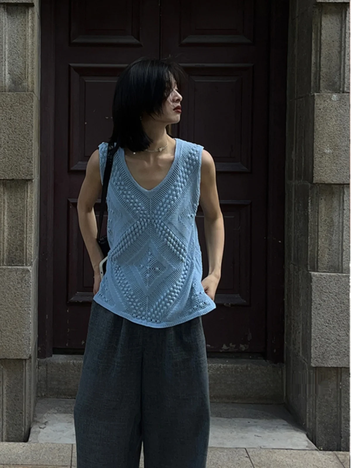 

Женский вязаный жилет Ordinarytimes с V-образным вырезом и ажурным ромбовидным узором, лето 2023, из смесового хлопка, свободного кроя, верхняя одежда