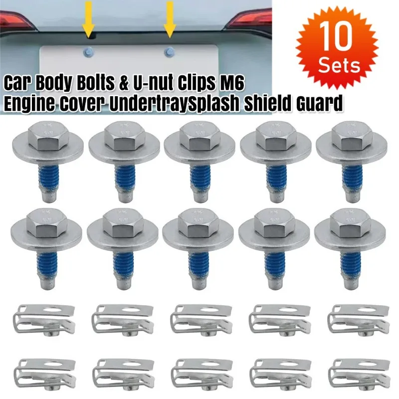 10 sets/box Car Body Bolts & U-nut Clips M6 Engine Cover Undertray Splash Shield Guard Screws and Nuts Set