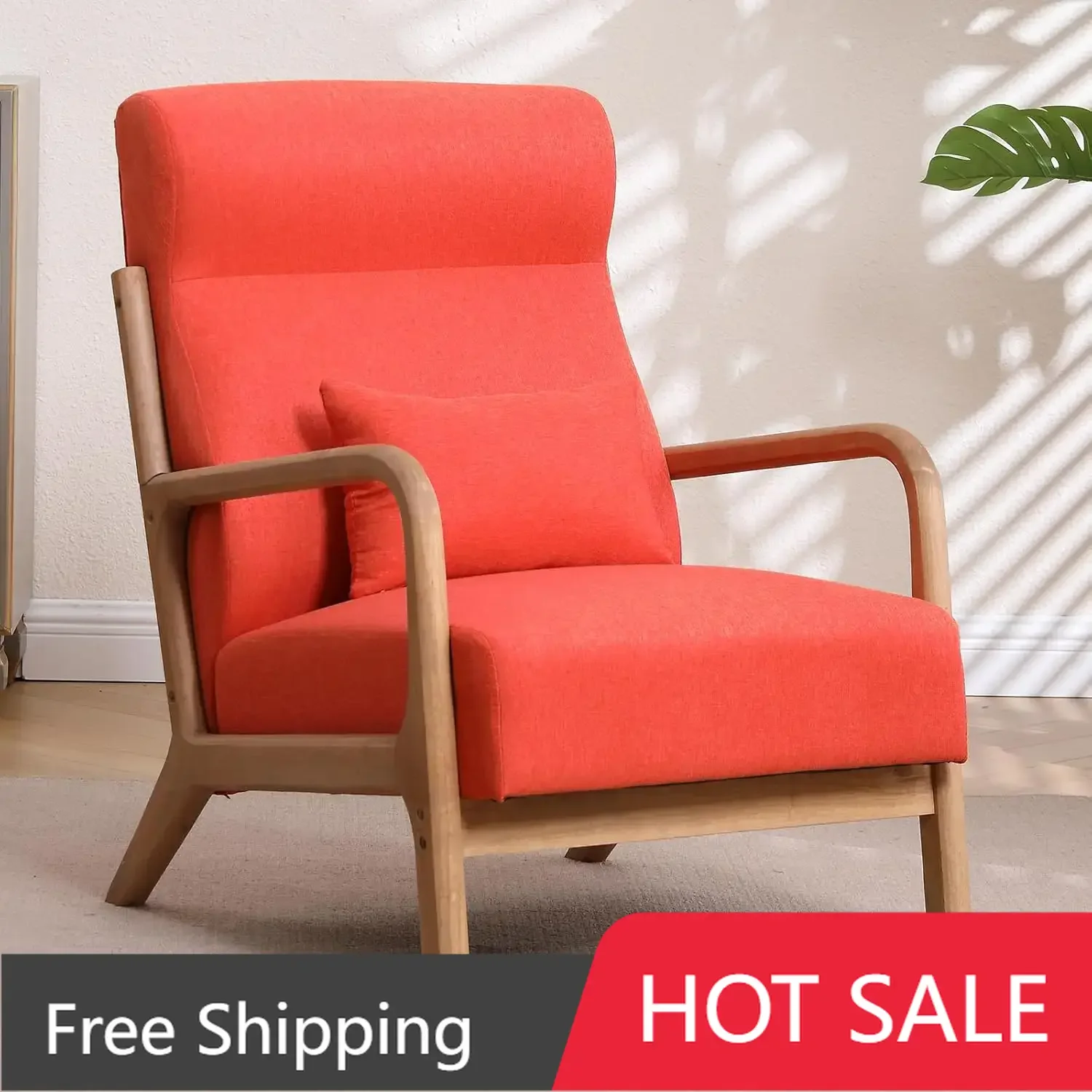 Moderne accentstoel uit het midden van de eeuw met hoge rugleuning, gestoffeerde stoelen met taillekussen, leesfauteuil met houten frame, oranje