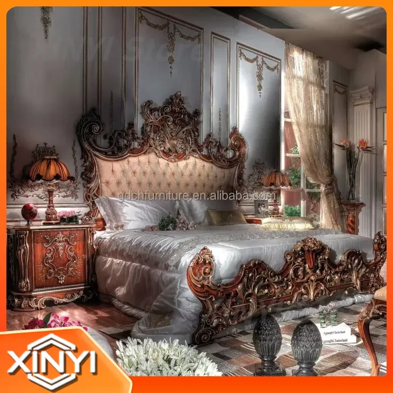 Italian Design Solid Wood Carving Bed for Hotel Luxury Retro King Size Furniture for Bedroom French Style Manual Wood Carving