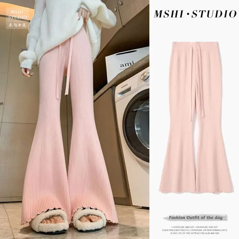 

Autumn Knitted Pants Straight High Waist Women's Flared Pants LOOSE Thicken High Strecth Slim Side of Fungus Trousers Z62