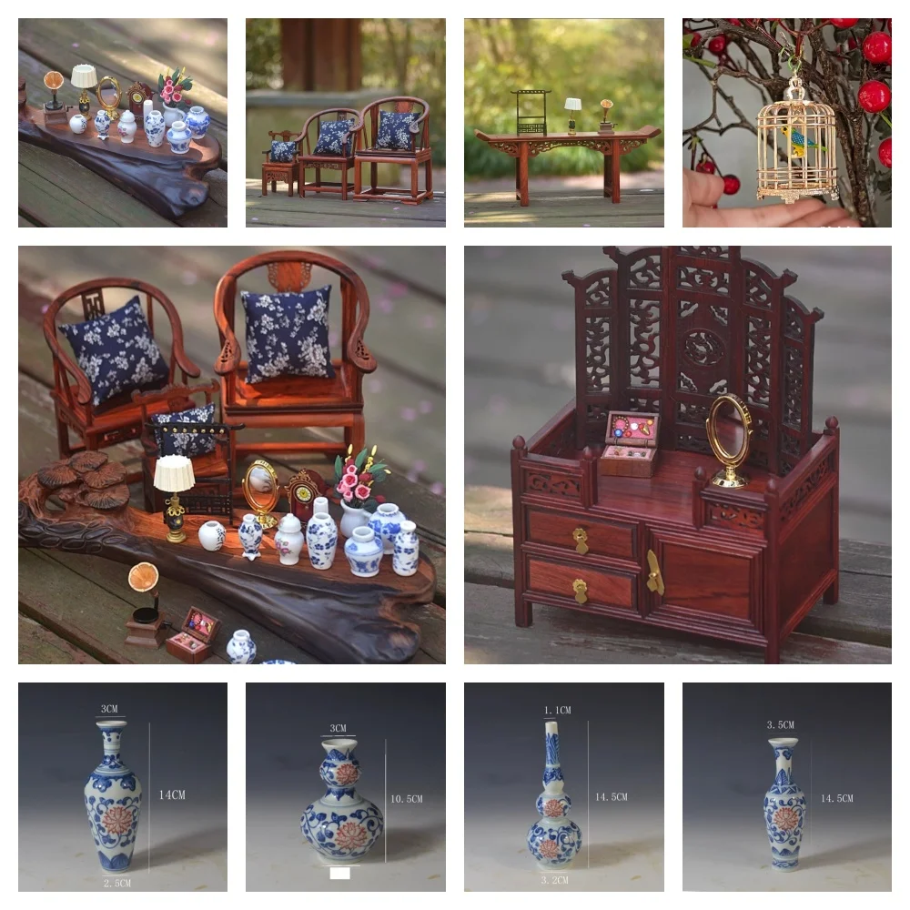 Doll House Miniature Chinese Blue and White Porcelain Vase Pillow Teapot Set Table Lamp Clock Phonograph Retro Telephone Model