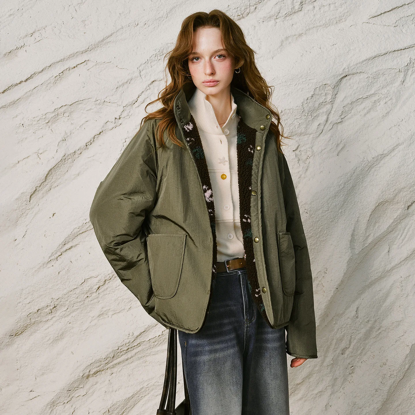 TOYOUTH Women Coat 2026 Winter New Jacquard Reversible Loose Warm Nomadic Cotton Outerwear