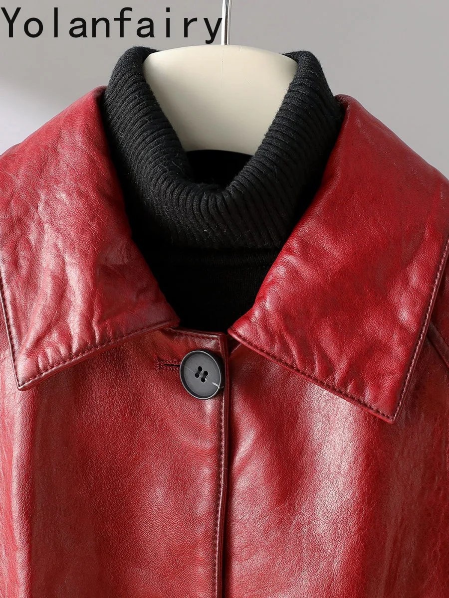 เสื้อแจ็คเก็ตหนังแกะ YOLANFAIRY Oli-wax สำหรับผู้หญิง ปี 2025 แจ็คเก็ตหนังสีแดงวินเทจระดับไฮเอนด์ แบบสั้น หนังแท้ 100%